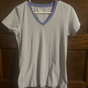 Laura Ashley Active USA Blue and White Striped V-Neck Tee, Size M